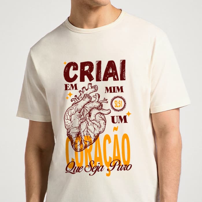 Camiseta Cristã Congresso Criai em Mim um Coração Puro Unissex Algodão Bíblia Salmos