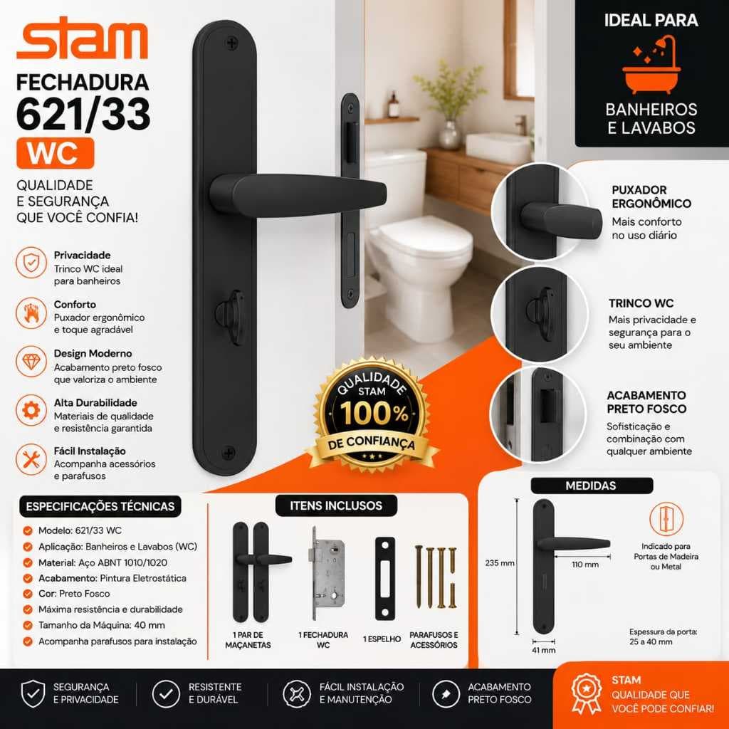 Fechadura Stam 621/33 Preto Wc Perfil Estreito Alumínio