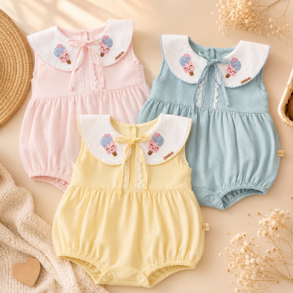 Body Bebê Menina Gola Bordada Algodão Bordado Sorvetinho Tecido Fustão Body Bebe Para Meninas Baby P M G