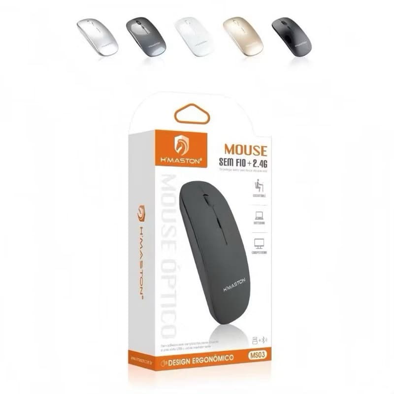 Mouse Sem Fio 2.4Ghz Óptico USB para PC Notebook Design Ergonômica 1600DPI MS03