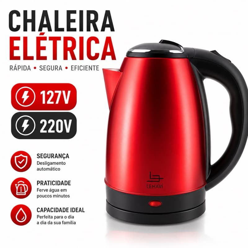 Chaleira Elétrica Inox 1,8L 127V ou 220V VERMELHA ou PRATA Com Base Giratória