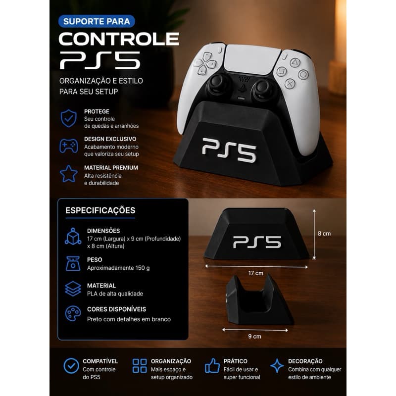 Suporte para Controle PS5 em PLA | Organizador de Mesa | Base para DualSense | Preto com Logo Branco