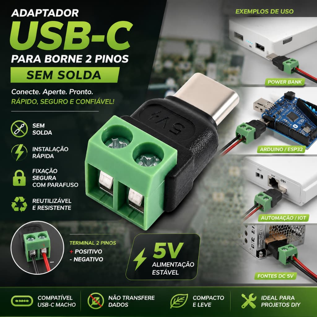 Adaptador USB-C para Borne 2 Pinos Sem Solda | Conector Tipo C Macho 5V com Terminal de Parafuso | Instalação Rápida