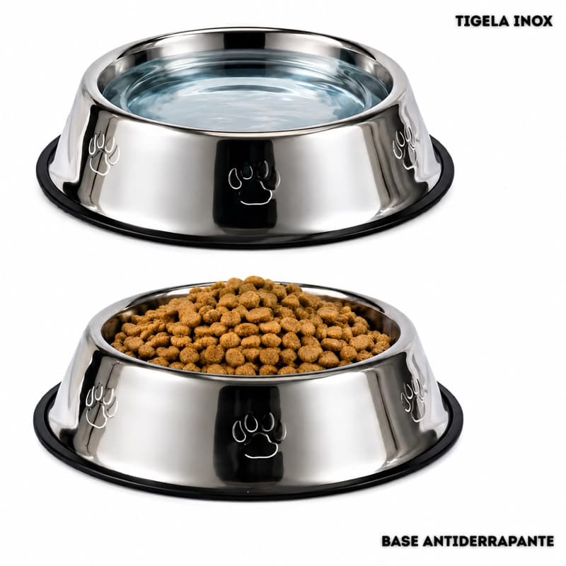Pote de Ração e Água para Cães e Gatos Inox Antioxidante com Base Antiderrapante