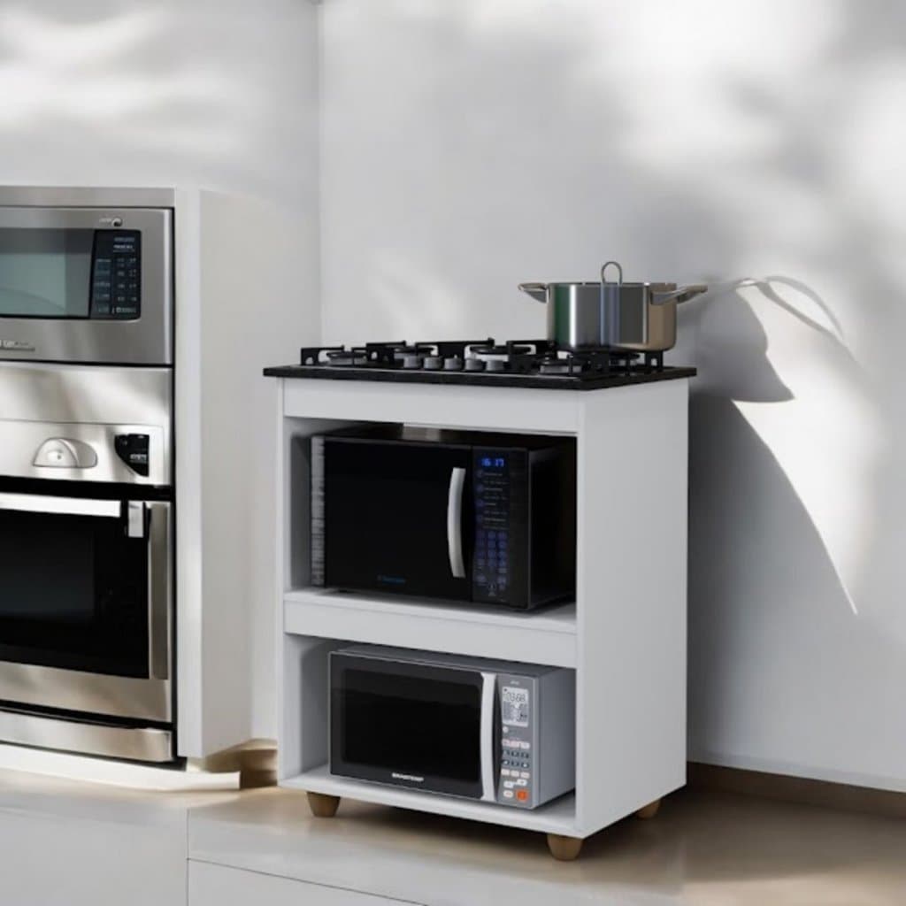 Balcão para Cooktop 4 Bocas Branco com Armário e Nicho Organizador Moderno