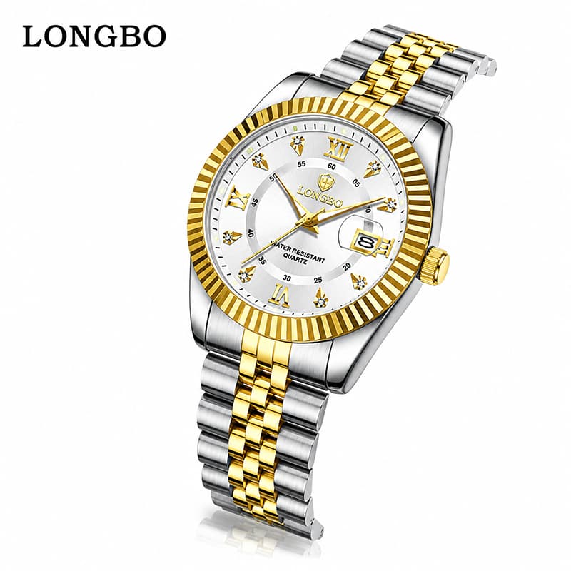 Relógio Masculino LONGBO Bicolor Luxo Quartzo Calendário Aço Inoxidável 30M Resistente à Água Elegante