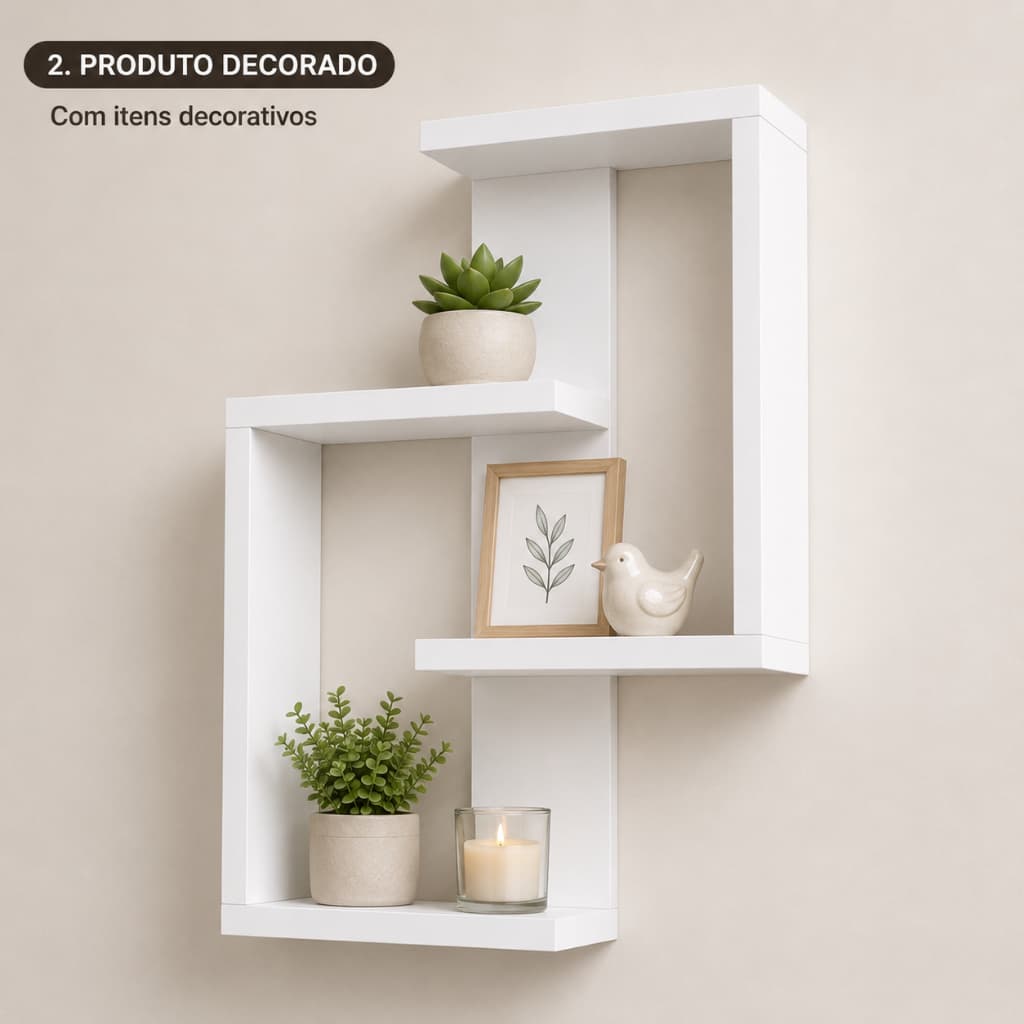 Prateleira Decorativa MDF Branco TX Nicho de Parede Moderno Sala Quarto Escritório 50x40cm