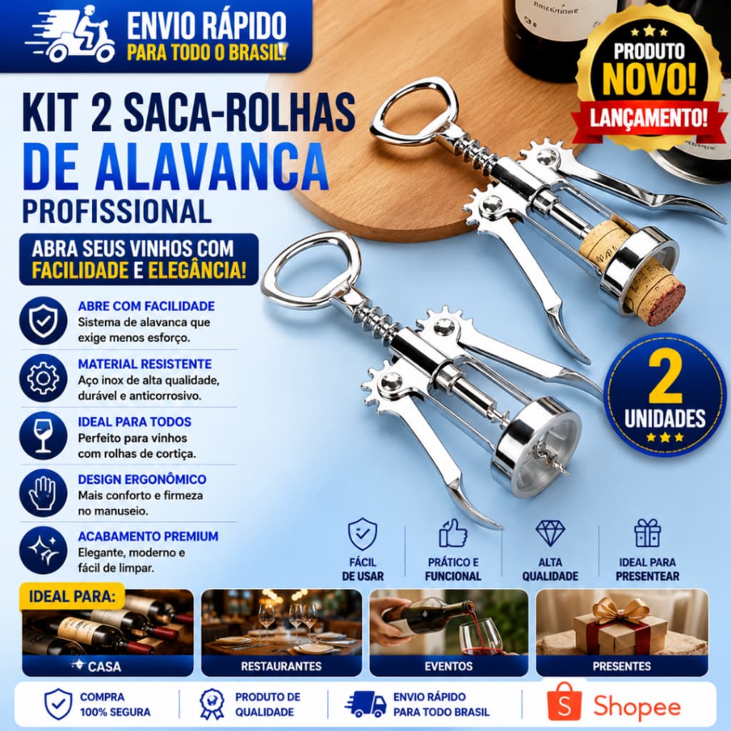 Conjunto 2 Saca Rolhas Linha D Casa e Abridor De Garrafas Aço inox 17cm SQ 3726
