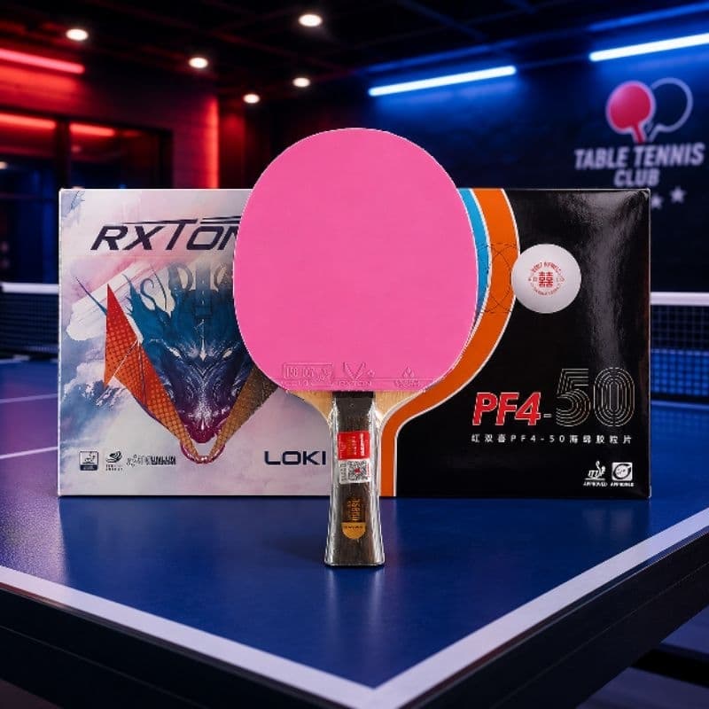 Raquete de te ia de mesa profissional Sanwei T5000 clássica com RXTON 5 rosa e DHS PF4-50 max preta.