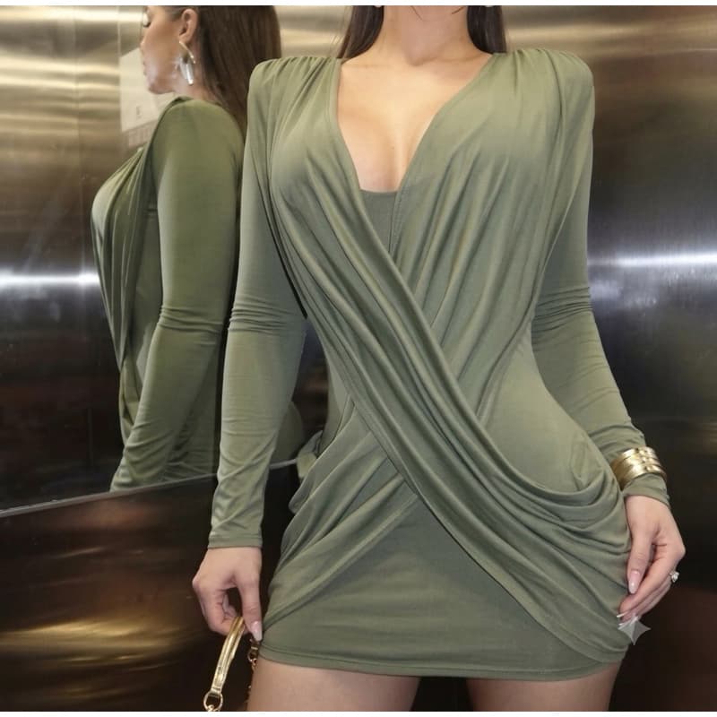 Vestido Transpassado Drapeado Manga Longa Elegante Outono Inverno Gringa Balada