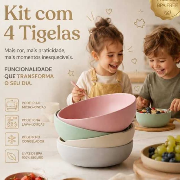 Kit 4 Tigela Bow Ecológica PP 15cm Introdução Alimentar Refeição Bebê Menina Menino