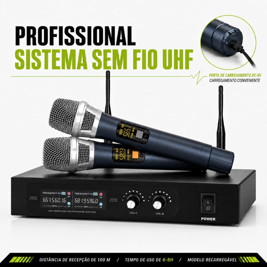 Microfone Sem Fio Duplo RAYHAYES KU-206 Metálico Bateria Longa Duração Para Cantar Em Casa