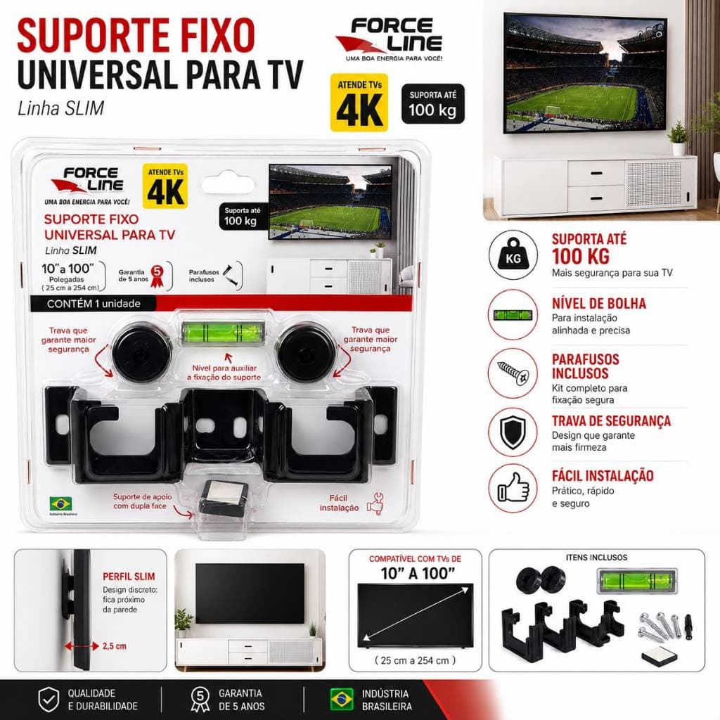 SUPORTE FIXO PARA TV FORCELINE DE 10" a 100" EM  AÇO PRETO