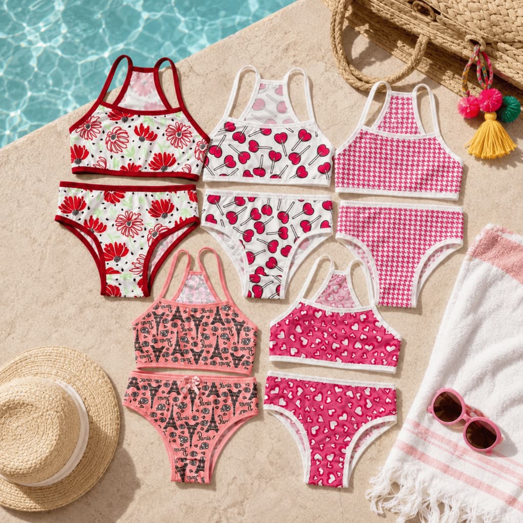 Kit 5 Conjuntos Biquíni Menina Infantil Microfibra Estampado Top Nadador Calcinha Sortido