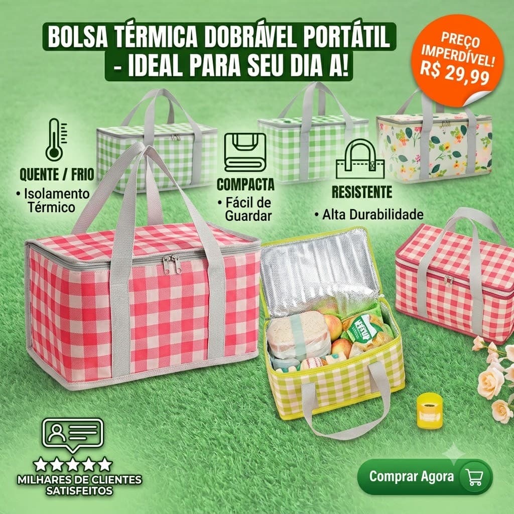 Bolsa Termica Dobravel Cesta Piquenique Compacta Reutilizavel Fria Quente Portatil