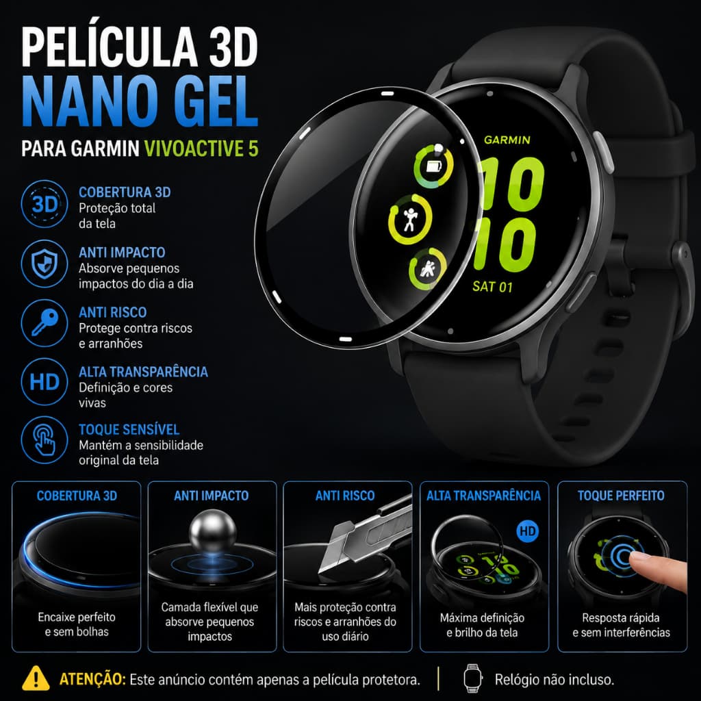Película 3D Nano Gel para Garmin Vivoactive 5 Protetora de Tela Anti Impacto Anti Risco HD