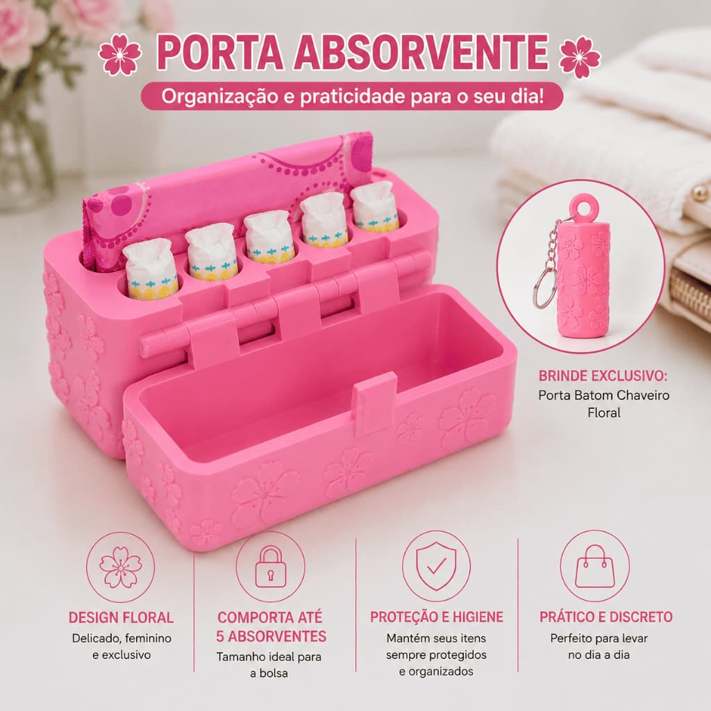 Kit Porta Batom + Porta Absorvente Feminino Sakura Floral Bolsa Chaveiro