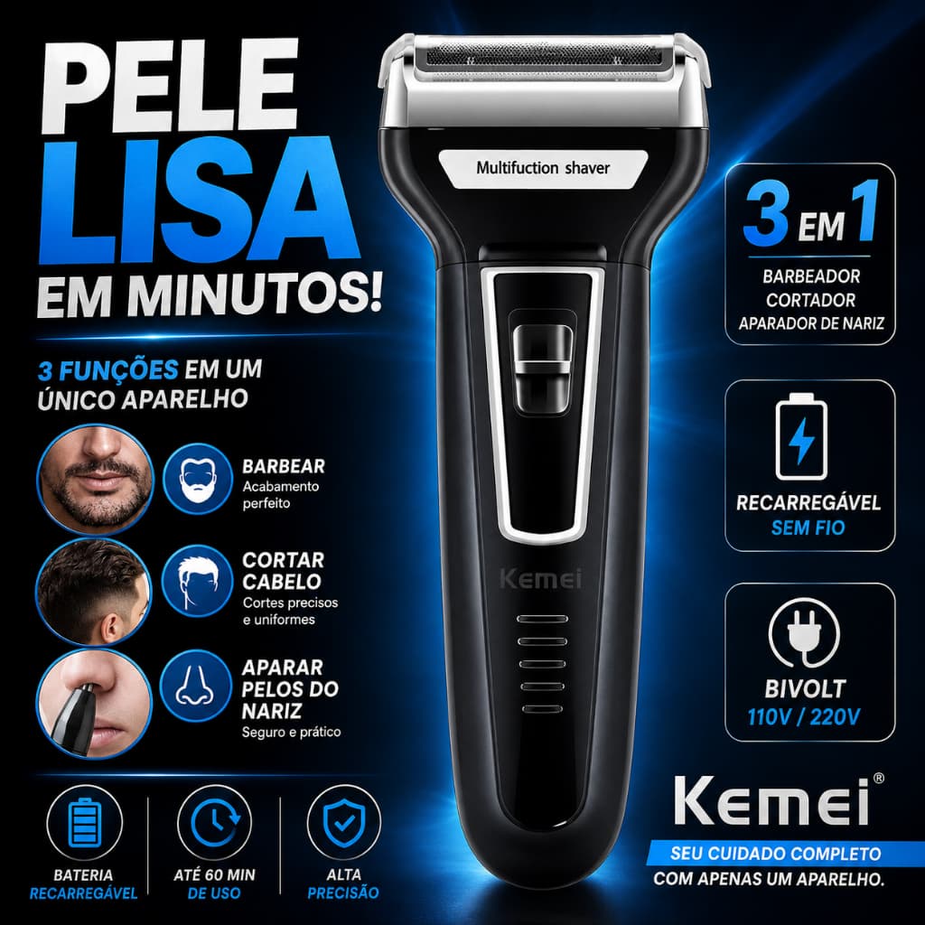 Aparador de Barba Cabelo Pelos do Nariz | Barbeador Elétrico 3 em 1 | Recarregável Bivolt | Sem Fio