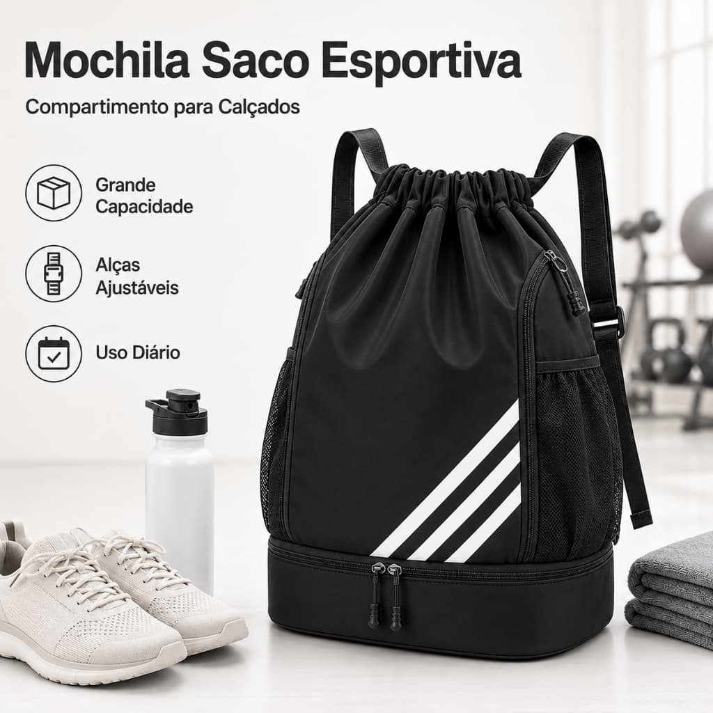 Mochila Saco Academia Compartimento para Tênis Bolsa Esportiva Viagem Escola Unissex Preto