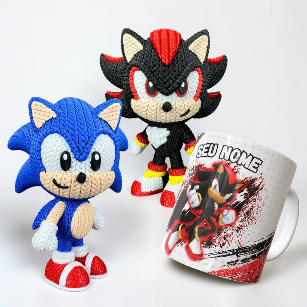 Kit Sonic Shadow Estilo Amigurumi e Caneca Personalizada Com Nome