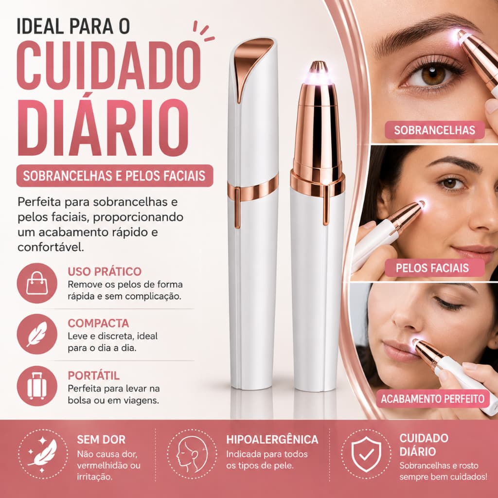 Caneta Depiladora Sobrancelha Elétrica Recarregável USB Removedor de Pelos Facial Sem Dor com LED