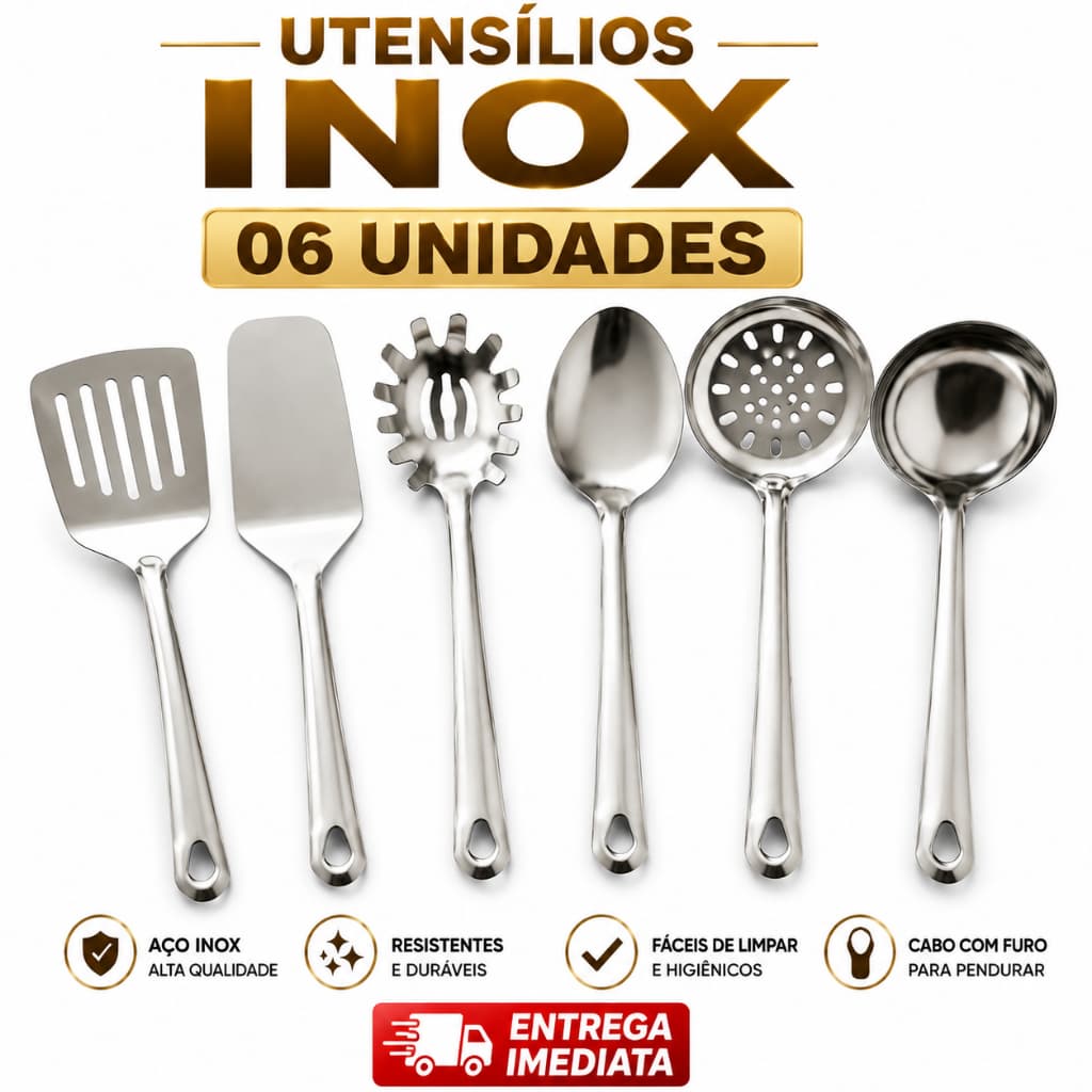 Kit Utensílios Inox 6 Peças Cozinha Inox Espátula Concha Escumadeira Colher Pegador Qualidade Casa Restaurante Buffet