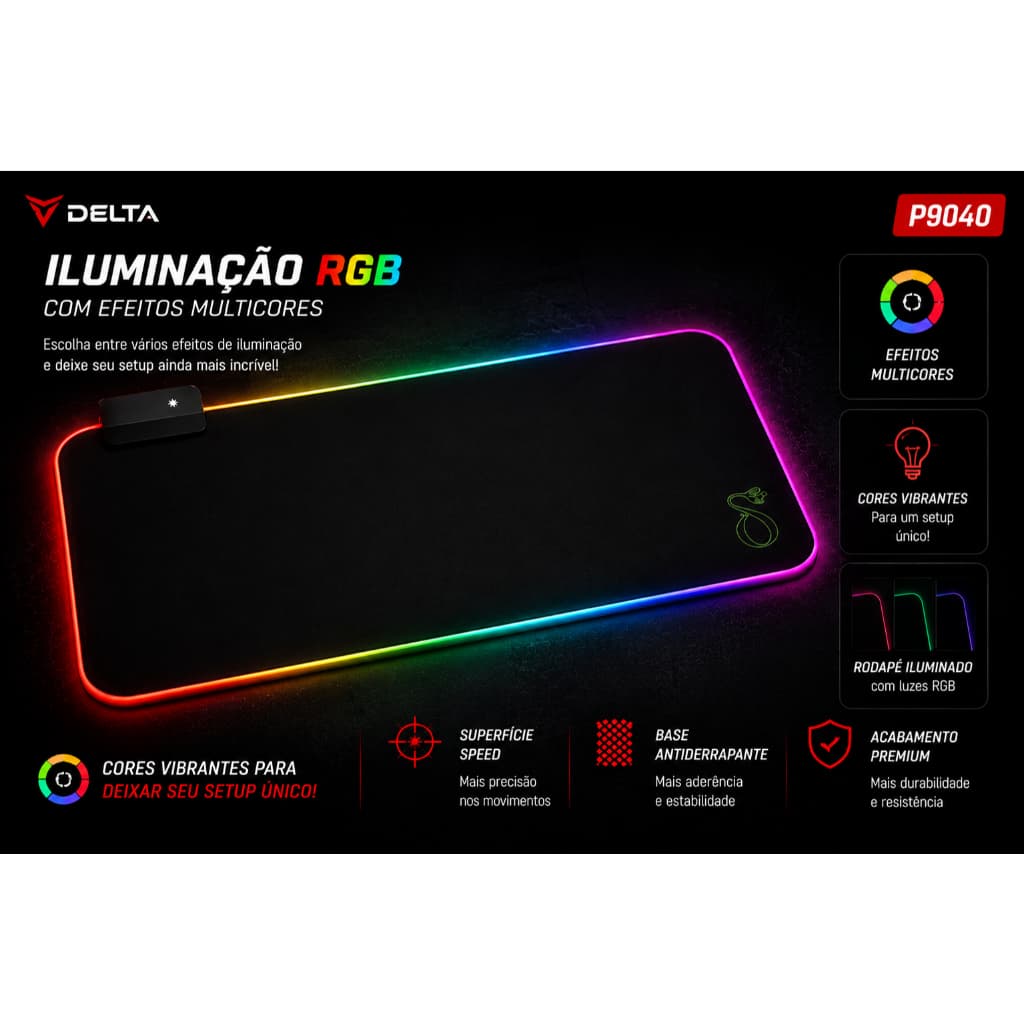 Mousepad Gamer RGB Delta P9040 Grande 90x40cm LED RGB Base Antiderrapante USB Speed para PC Notebook