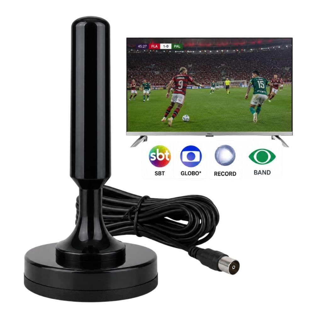 Antena Digital Tv Interna Externa 5 Metros Cabo Base Imã HDTV UHF DTV Prova D'agua