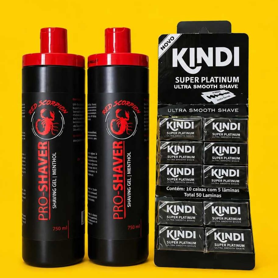 2 Shaving Gel  - Red Scorpion 750 ml + 1 Cartela de Lâmina KINDI com 50 UN