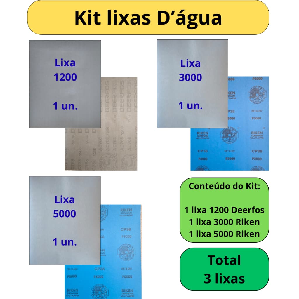 Lixa 1200 3000 5000 Kit 1 Folha de cada Farol Funilaria Pintura Plásticos Metal Fibras Vidro Marmore
