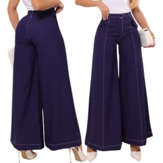 Calça Pantalona Feminina Cintura Alta com Bolso Frontal Funcional Wide Leg Elegante Festa Trabalho Tendência