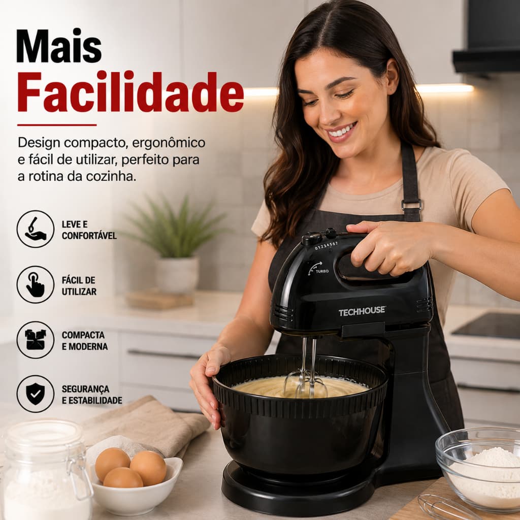 Batedeira Elétrica 250W 127V com Tigela 2L 7 Velocidades Preta