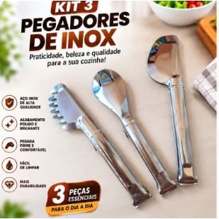 Kit 3 Pegadores de Inox Salada Massa Universal Premium Cozinha