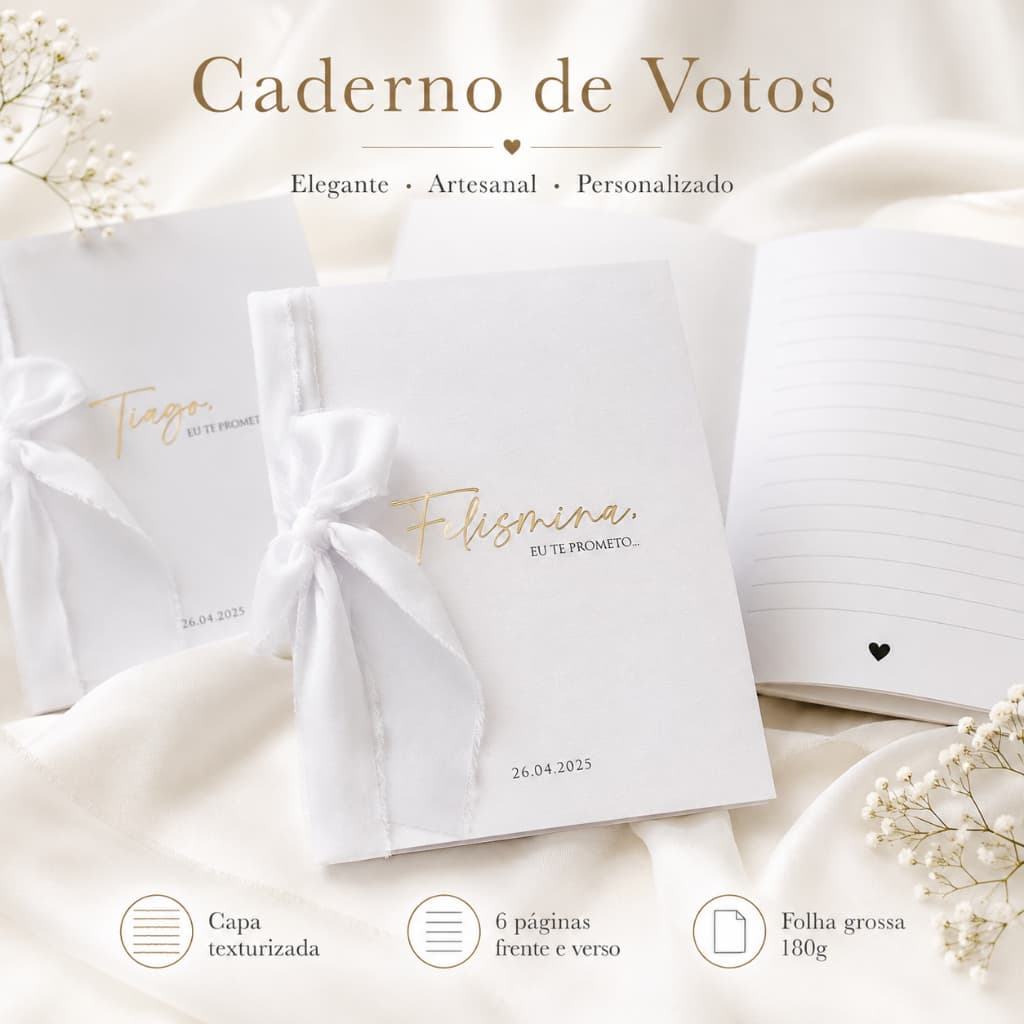 Par de Caderno de Votos Casamento Eu Te Prometo Dourado Fita Rustica