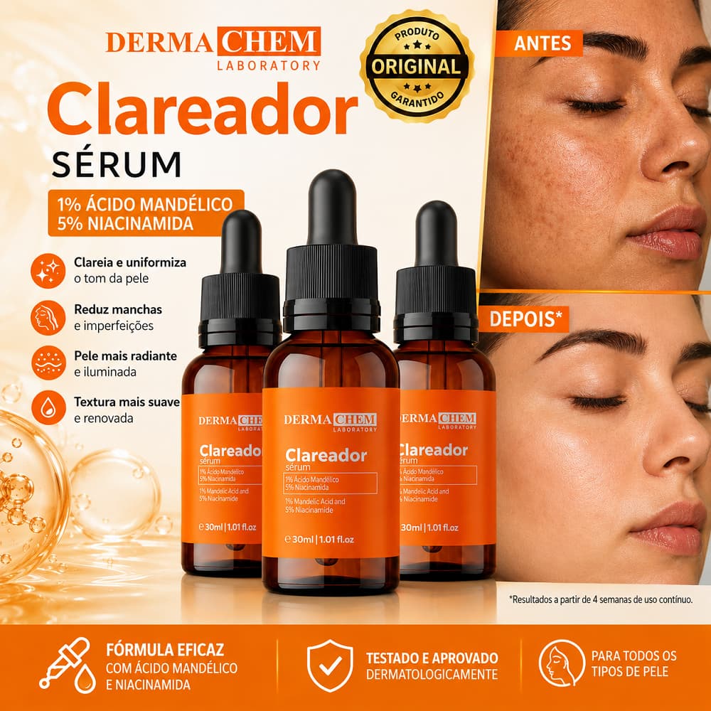 Kit Sérum Clareador Facial Dermachem Vitamina C Uniformiza Aparência da Pele Hidratação Uso Diário