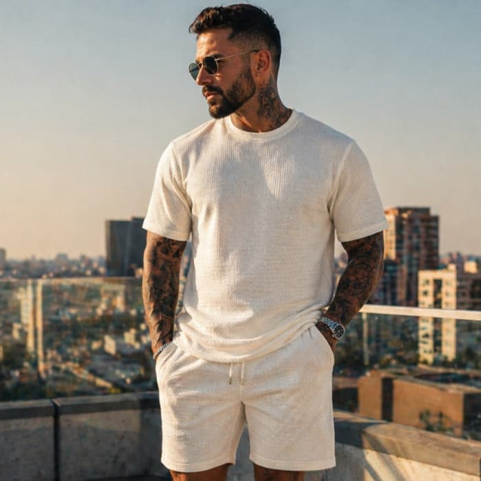 Conjunto Camiseta e Bermuda Texturizado 2 Peças Lançamento Tecido