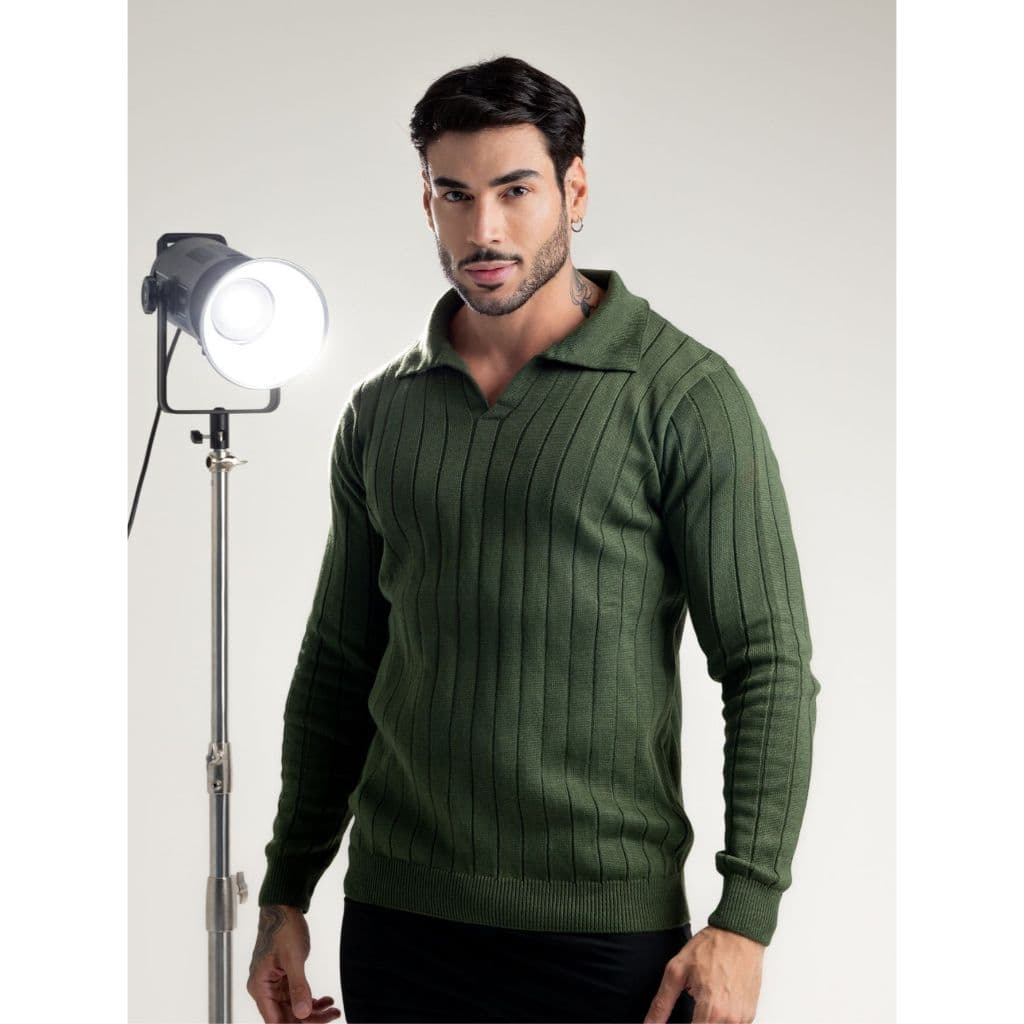 Suéter Masculino em Tricot Canelado Premium com Gola Polo