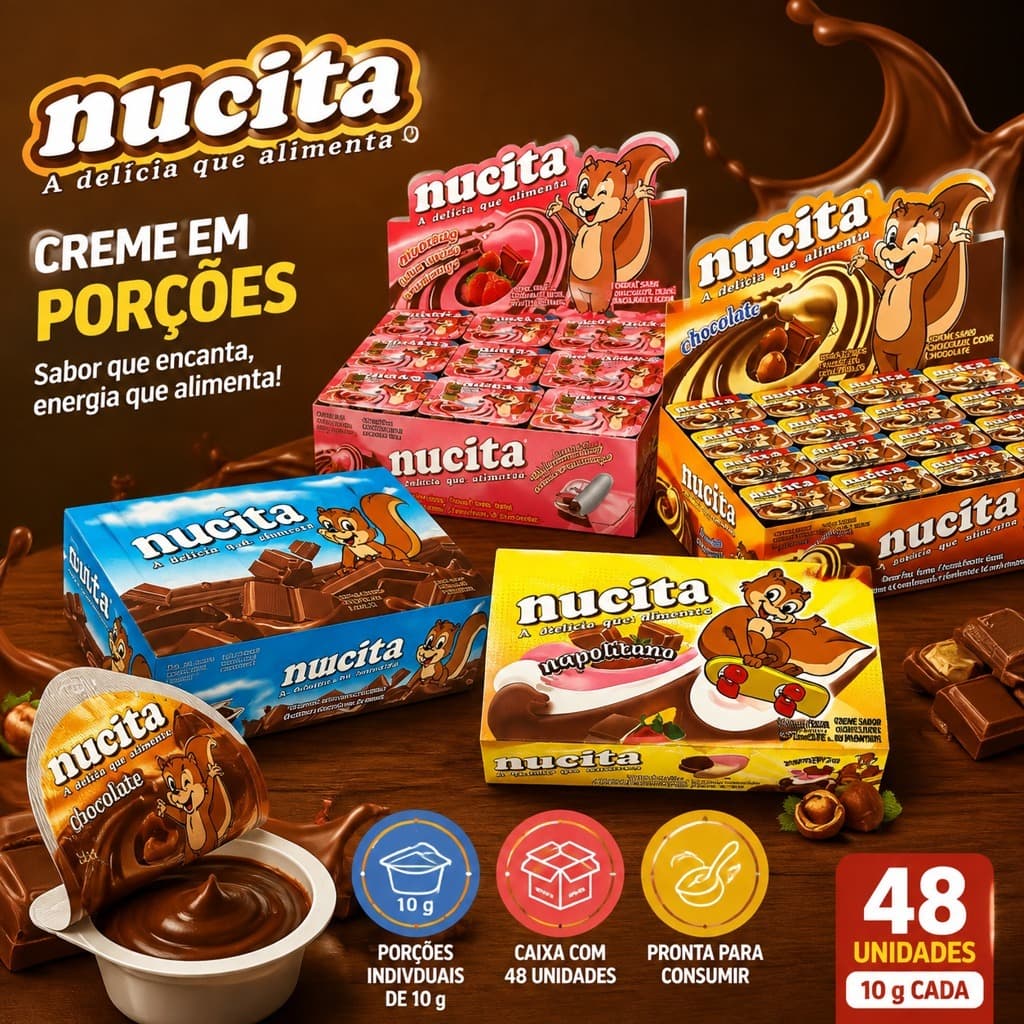Creme Chocolate, Morango, Napolitano ou Bicolor 480g Com 48 Unidades 10g Docinho Infantil Nucita