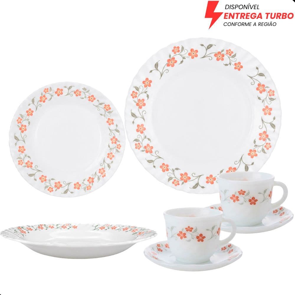 Aparelho De Jantar e Café - 20 Peças Em Vidro Opaline Branco Com Pratos, Xícaras e Pires