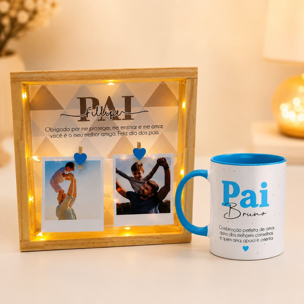 Kit Presente Dia dos Pais Personalizado com Nome Porta Retrato Luminoso e Caneca com Foto