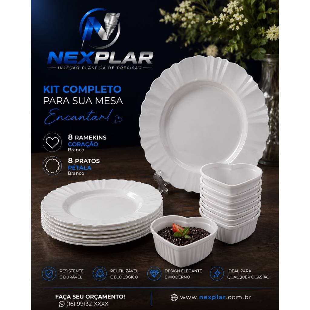 KIT 16 PEÇAS 8 PPRATOS PÉTALA E 8 RAMEKINS DE PLÁSTICO BRANCO REUTILIÁVEL DURÁVEL PARA EVENTOS BUFFET RESTAURANTE CHURRA