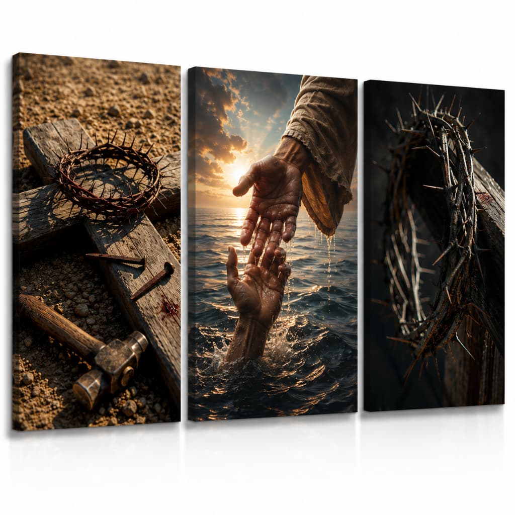 Kit 3 Quadros Decorativos Religiosos Jesus Fé Coroa de Espinhos Cruz Cristão MDF 3mm 20x30 40x60