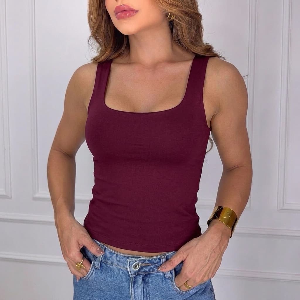 Regata Decote Quadrado Alça Larga Blusa Básica Suplex Premium  Confortável Alça Reforçada Elegante Casual