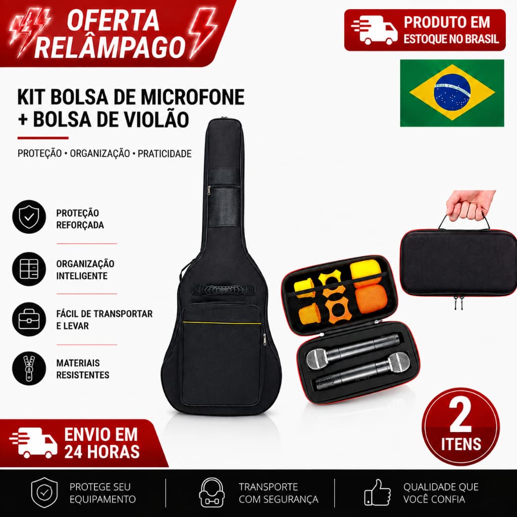 Kit Capa Bag Case Mochila para Violão + Capa Protetora Microfone Duplo