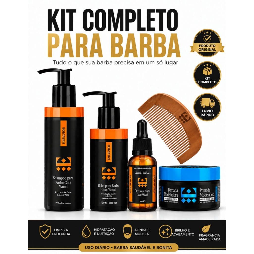 Kit Completo Para Barba Shampoo Pomada Balm Óleo Pente Brilho Hidratação Cuidados