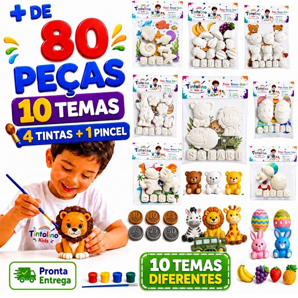 Kit Pintura Infantil Gesso 80 Peças 10 Temas Sortidas Menino Menina + 4 Tintas Guache + 1 Pincel Férias