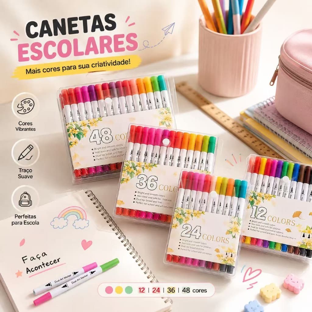 Caneta Brush Colorida 12 24 36 48 Cores Ponta Dupla para Desenho Lettering Escola