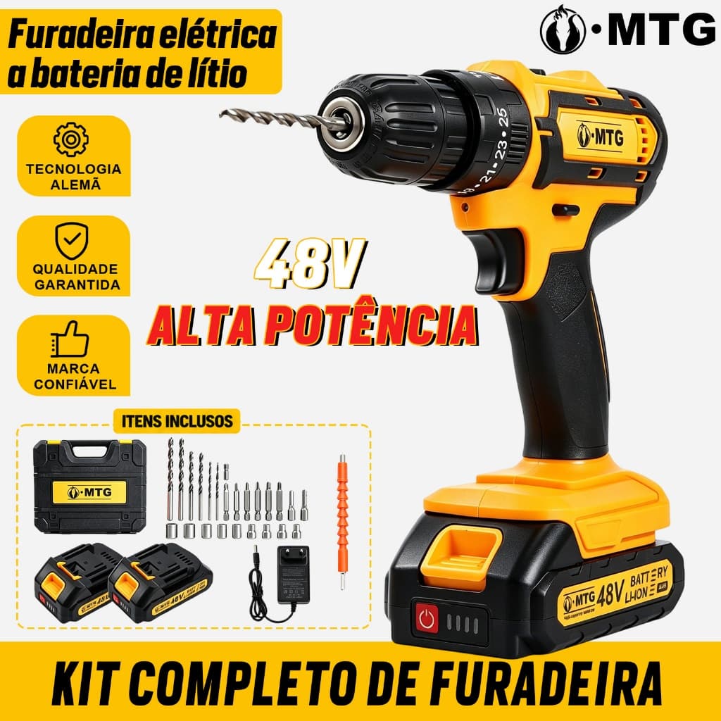 Furadeira Parafusadeira de Impacto MTG 21V com 2 Baterias、Maleta、Brocas 和 Soquete