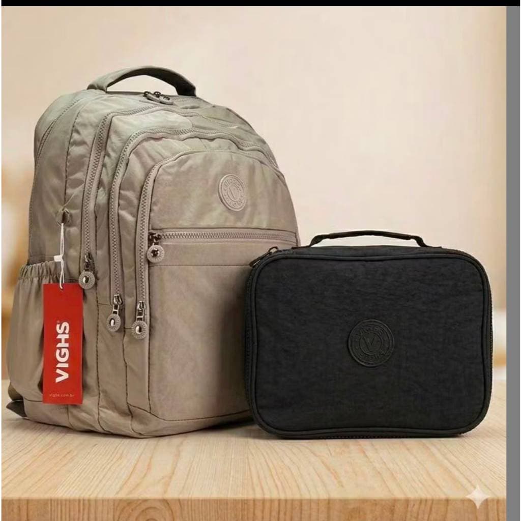 Kit Mochila Vighs Original Bege + Estojo Box Grande Escolar Faculdade Trabalho Notebook Unissex Impermeável