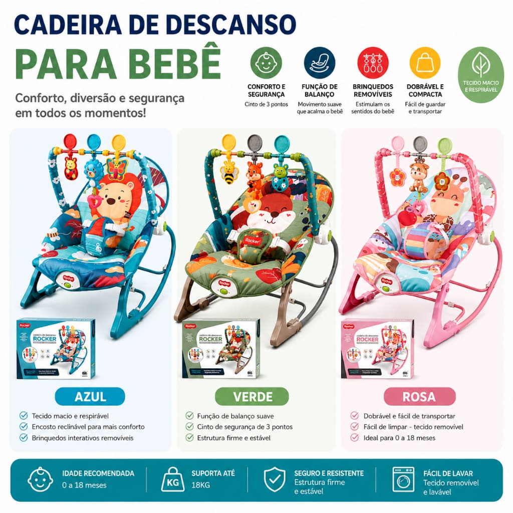 Cadeira Balanço Bebê Portátil com Brinquedo Musical, Dobrável com Cinto 3 Pontos, Confortável para Recém-Nascido
